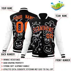 Navy White Orange Halloween Bats Pumpkins Ghost Letterman Jacket 2