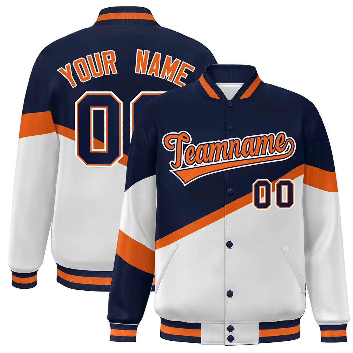 Navy White Orange-Navy Color Block Varsity Baseball Bomber Jacket