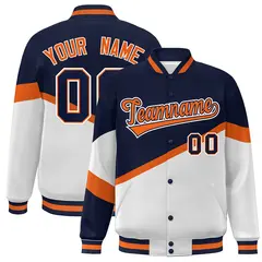 Navy White Orange-Navy Color Block Varsity Baseball Bomber Jacket