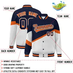 Navy White Orange-Navy Color Block Varsity Baseball Bomber Jacket 2