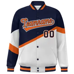 Navy White Orange-Navy Color Block Varsity Baseball Bomber Jacket 3