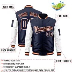 Navy White-Orange Raglan Sleeves Letterman Bomber Jacket 2
