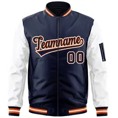 Navy White-Orange Raglan Sleeves Letterman Bomber Jacket 3