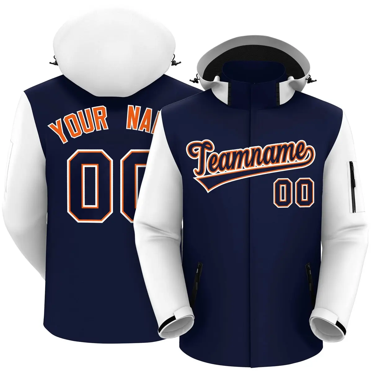 Navy White-Orange Raglan Sleeves Waterproof Jacket