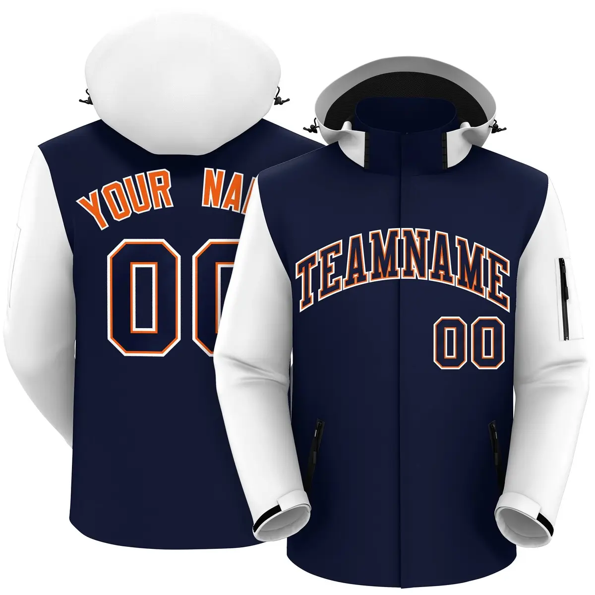 Navy White-Orange Raglan Sleeves Waterproof Jacket