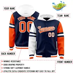 Navy White-Orange Raglan Three Stripes Varsity Letterman Jacket Hoodie 4