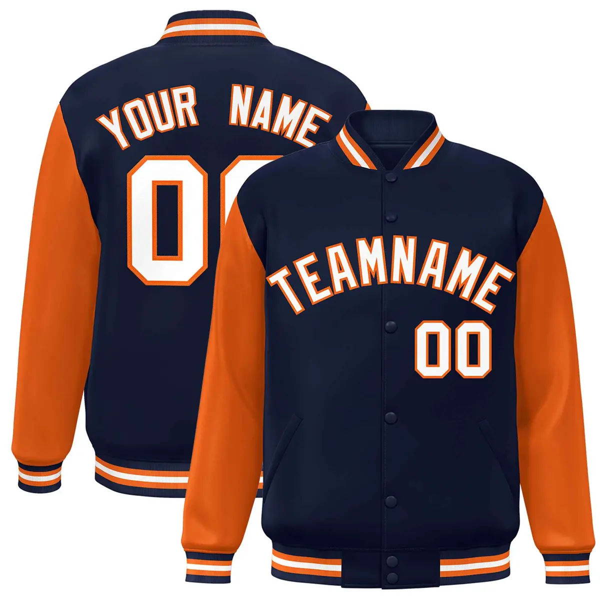Navy White-Orange Raglan Varsity Full-Snap Letterman Jacket