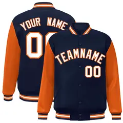 Navy White-Orange Raglan Varsity Full-Snap Letterman Jacket