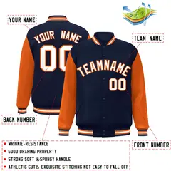 Navy White-Orange Raglan Varsity Full-Snap Letterman Jacket 2
