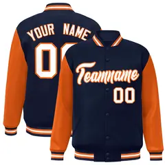 Navy White-Orange Raglan Varsity Full-Snap Letterman Jacket
