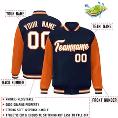 Navy White-Orange Raglan Varsity Full-Snap Letterman Jacket 2