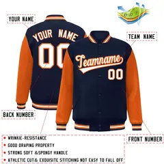 Navy White-Orange Raglan Varsity Full-Snap Letterman Jacket 2