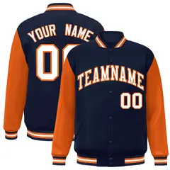 Navy White-Orange Raglan Varsity Full-Snap Letterman Jacket