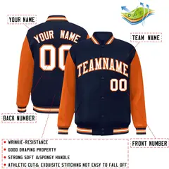 Navy White-Orange Raglan Varsity Full-Snap Letterman Jacket 2
