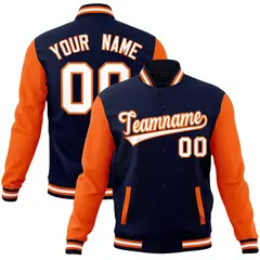 Navy White-Orange Raglan Varsity Full-Snap Letterman Jacket