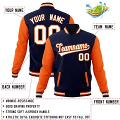 Navy White-Orange Raglan Varsity Full-Snap Letterman Jacket 4