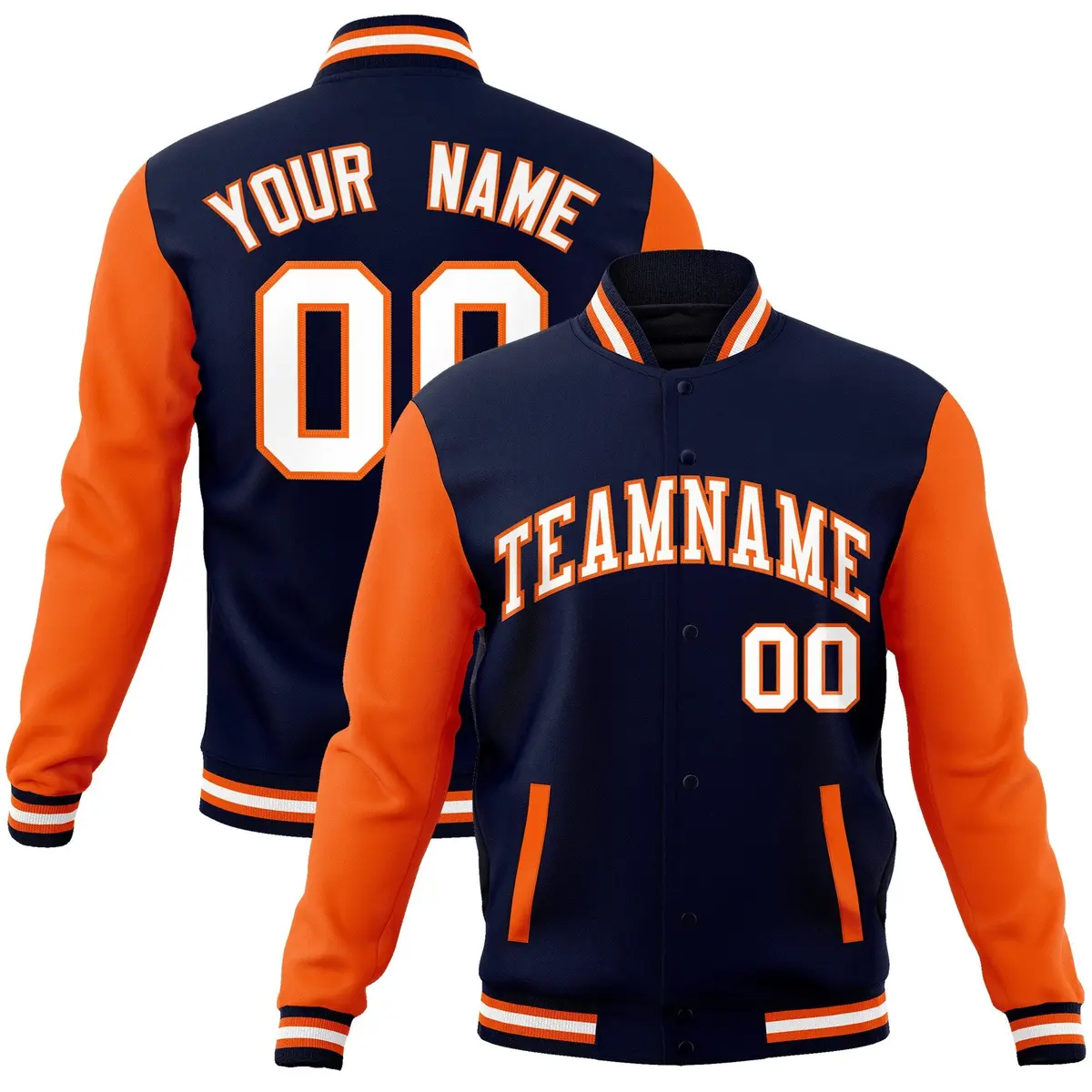 Navy White-Orange Raglan Varsity Full-Snap Letterman Jacket