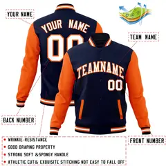 Navy White-Orange Raglan Varsity Full-Snap Letterman Jacket 4