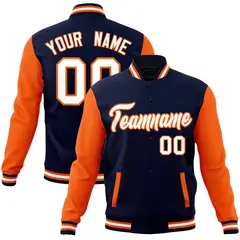 Navy White-Orange Raglan Varsity Full-Snap Letterman Jacket