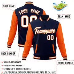 Navy White-Orange Raglan Varsity Full-Snap Letterman Jacket 4
