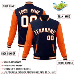 Navy White-Orange Raglan Varsity Full-Snap Letterman Jacket 4