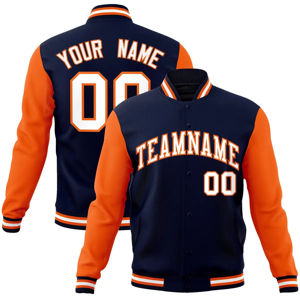 Navy White-Orange Raglan Varsity Full-Snap Letterman Jacket