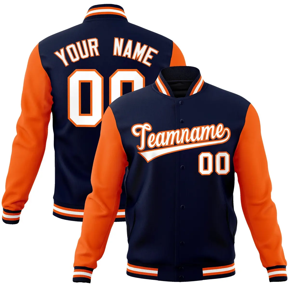 Navy White-Orange Raglan Varsity Full-Snap Letterman Jacket