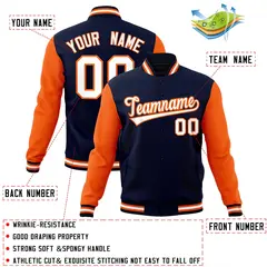 Navy White-Orange Raglan Varsity Full-Snap Letterman Jacket 4
