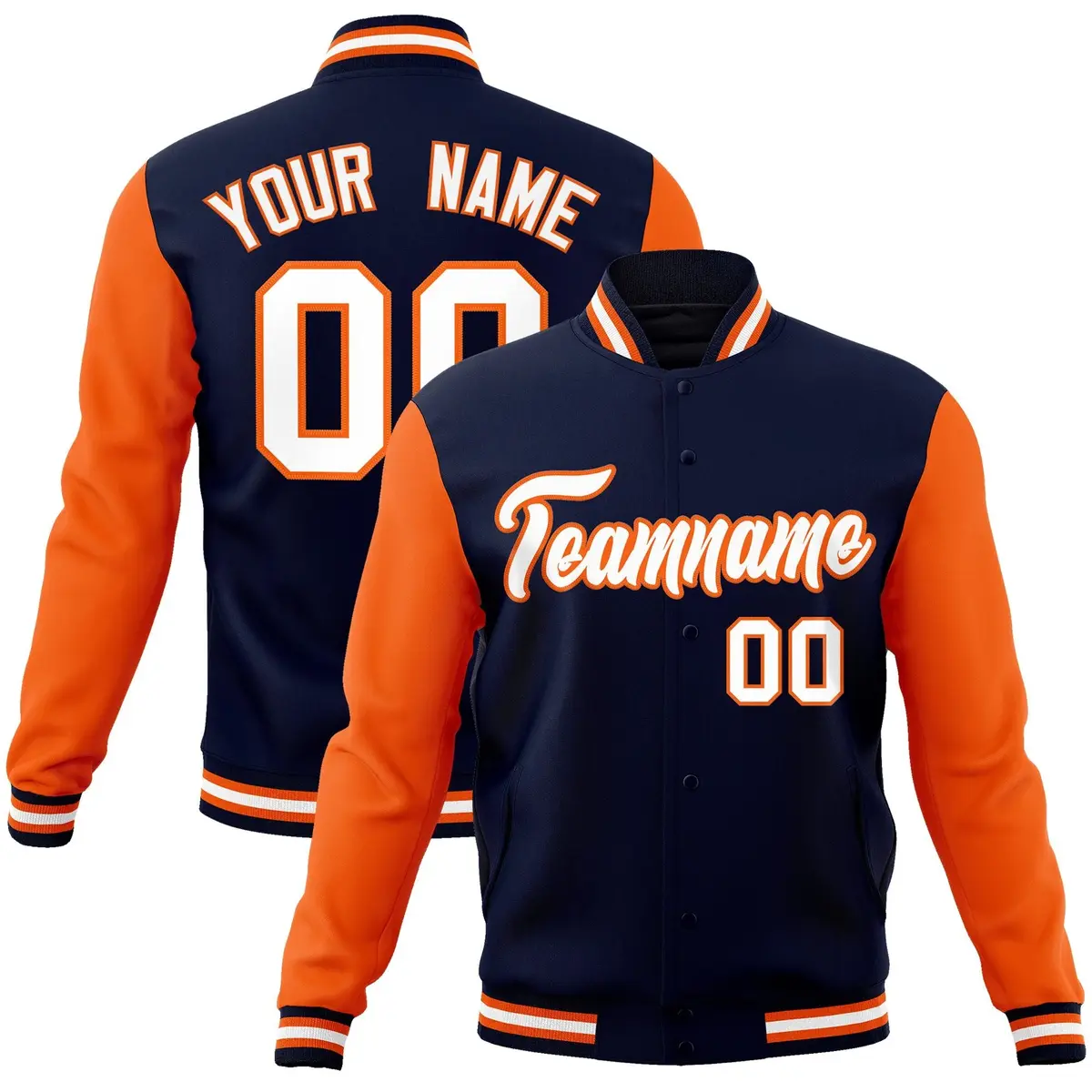 Navy White-Orange Raglan Varsity Full-Snap Letterman Jacket