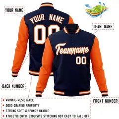 Navy White-Orange Raglan Varsity Full-Snap Letterman Jacket 4