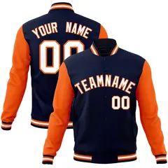 Navy White-Orange Raglan Varsity Full-Snap Letterman Jacket