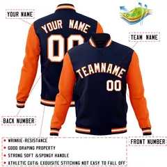 Navy White-Orange Raglan Varsity Full-Snap Letterman Jacket 4