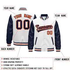 Navy White Orange Varsity Full-Snap Letterman Jacket Raglan Leather Sleeves 2