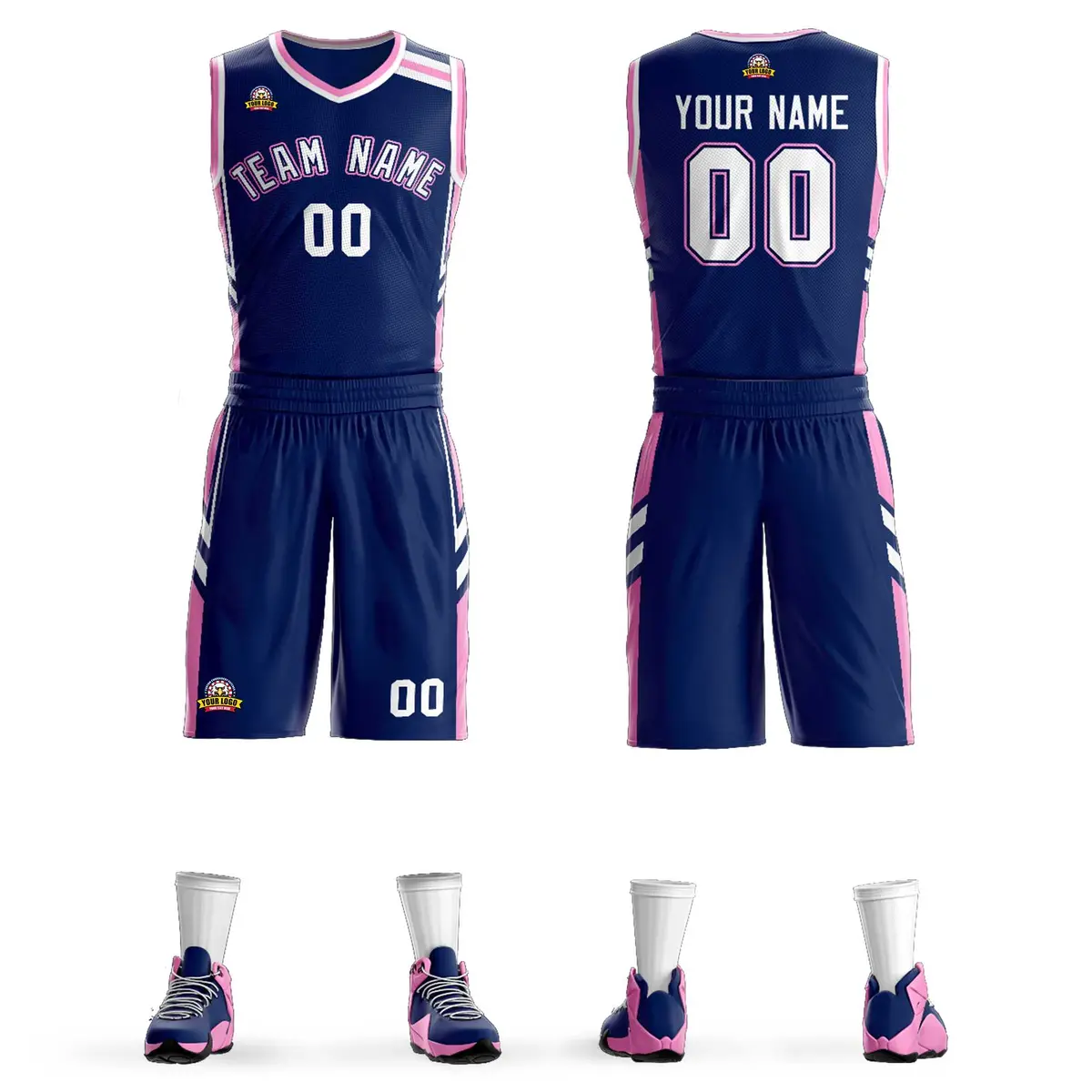 Navy White Pink Classic Mesh Basketball Jersey Sets