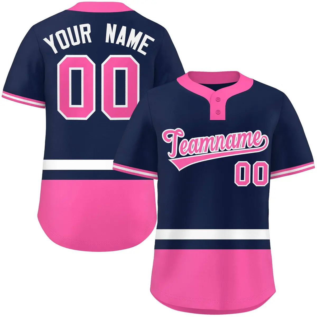 Navy White-Pink Color Block Two-Button Softball Jersey