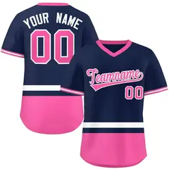 Navy White-Pink Color Block V-Neck Pullover Baseball Jersey 1