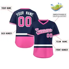 Navy White-Pink Color Block V-Neck Pullover Baseball Jersey 2