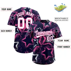 Navy White Pink Graffiti Star Ink Texture Baseball Jersey 2