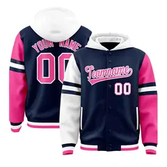 Navy White-Pink Raglan Three Stripes Varsity Full-Snap Letterman Jacket Hoodie 1