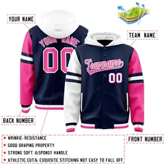 Navy White-Pink Raglan Three Stripes Varsity Full-Snap Letterman Jacket Hoodie 4