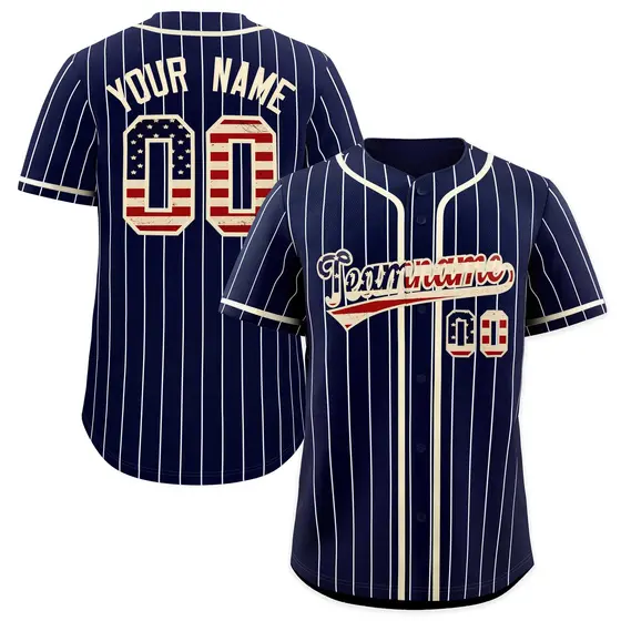 Navy White Pinstripe Vintage USA Flag Baseball Jersey