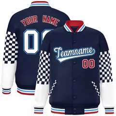 Navy White-Powder Blue Checkered Color Block Bomber Varsity Jacket 1