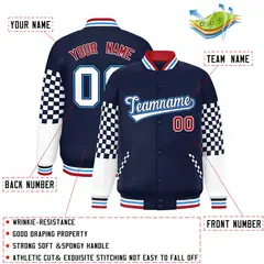 Navy White-Powder Blue Checkered Color Block Bomber Varsity Jacket 2