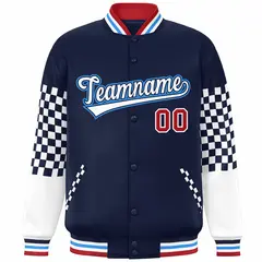 Navy White-Powder Blue Checkered Color Block Bomber Varsity Jacket 3