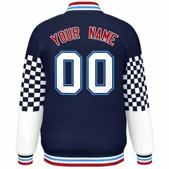 Navy White-Powder Blue Checkered Color Block Bomber Varsity Jacket 4