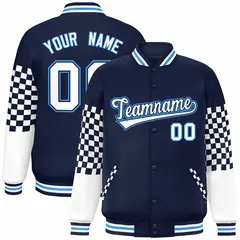 Navy White-Powder Blue Checkered Color Block Bomber Varsity Jacket 1