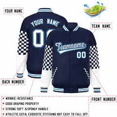 Navy White-Powder Blue Checkered Color Block Bomber Varsity Jacket 2