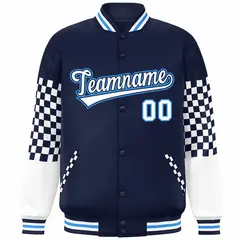 Navy White-Powder Blue Checkered Color Block Bomber Varsity Jacket 3