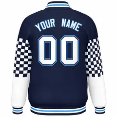 Navy White-Powder Blue Checkered Color Block Bomber Varsity Jacket 4