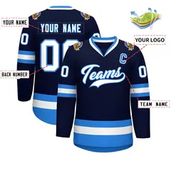 Navy White-Powder Blue Classic Style Hockey Jersey 2